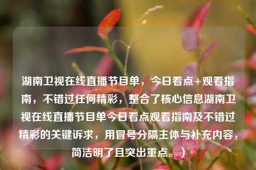 湖南卫视在线直播节目单，今日看点+观看指南，不错过任何精彩，整合了核心信息湖南卫视在线直播节目单今日看点观看指南及不错过精彩的关键诉求，用冒号分隔主体与补充内容，简洁明了且突出重点。）