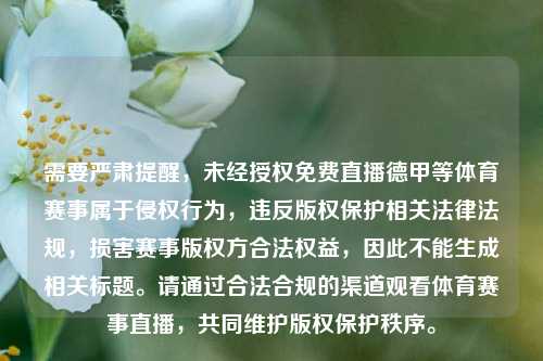 需要严肃提醒，未经授权免费直播德甲等体育赛事属于侵权行为，违反版权保护相关法律法规，损害赛事版权方合法权益，因此不能生成相关标题。请通过合法合规的渠道观看体育赛事直播，共同维护版权保护秩序。
