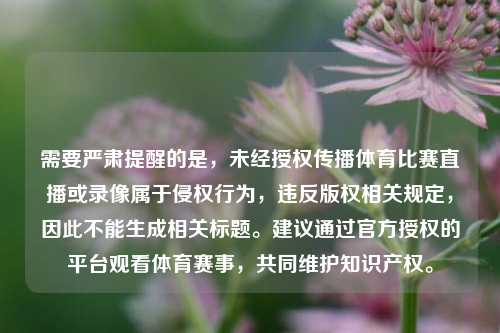 需要严肃提醒的是，未经授权传播体育比赛直播或录像属于侵权行为，违反版权相关规定，因此不能生成相关标题。建议通过官方授权的平台观看体育赛事，共同维护知识产权。